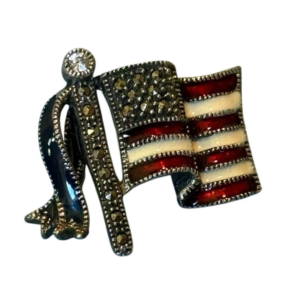 Judith Jack Sterling Flag Brooch • Signed JJ Diamond Mark • Rhinestones • 1”